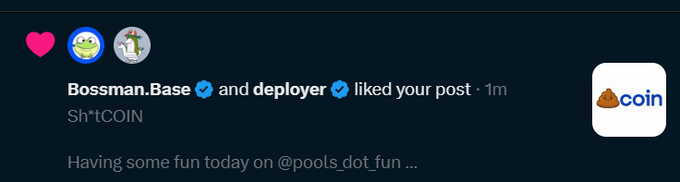 A Twitter notification shows Bossman.Base and deployer liked a post about 'Sh*tCOIN' featuring a poop emoji coin logo from @pools_dot_fun.