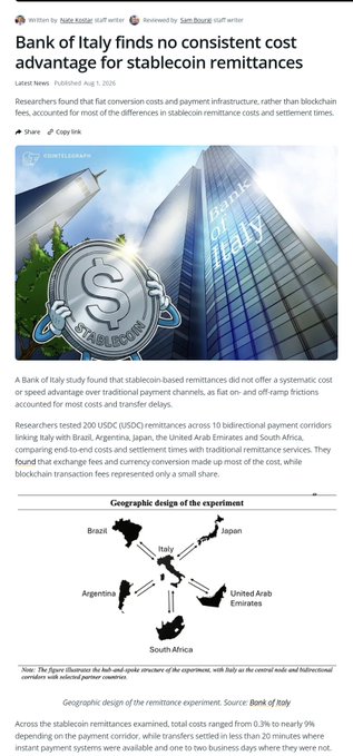 A Cointelegraph article titled 'Bank of Italy finds no consistent cost advantage for stablecoin remittances' dated August 1, 2026, discussing a study that compared stablecoin remittance costs with traditional services across various global corridors.
