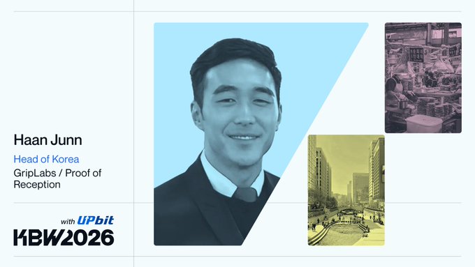 A promotional graphic featuring Haan Junn, Head of Korea at GripLabs / Proof of Reception, displaying his photo against a blue geometric background with the text 'with UPbit' and 'KBW2026' along with smaller images of what appears to be office space and city architecture.
