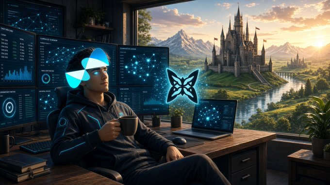 A digital artwork of a man in a hoodie sitting at a desk with multiple monitors displaying cryptocurrency charts, with a glowing butterfly symbol overlaid, looking out toward a fantasy castle landscape.