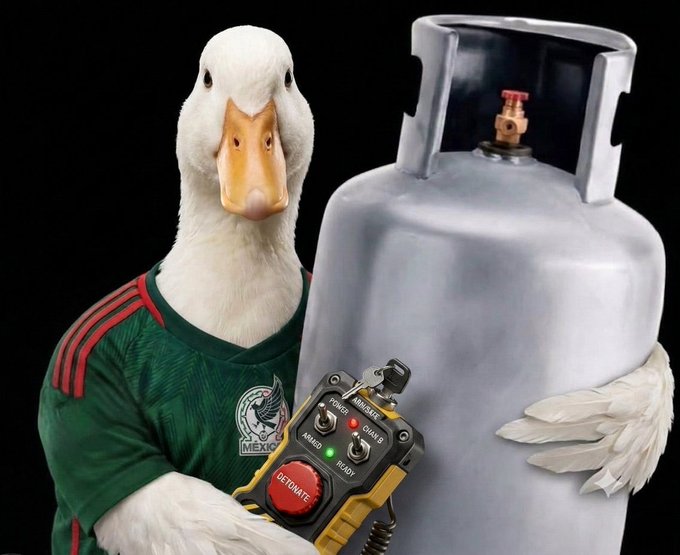A goose wearing a Mexico national team jersey hugs a large gas cylinder while pressing the "DETONATE" button on an explosive control labeled "POWER," "ARMED," and "READY." The image humorously suggests explosive or volatile behavior, matching the "Merlin Right Now" caption implying unpredictability or impending chaos.