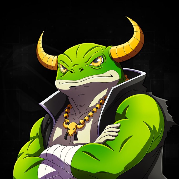 A muscular cartoon frog with yellow horns, a skull necklace, and crossed arms stands confidently, representing the $FROGBULL mascot featured in a 500,000 Solana giveaway promotion.
