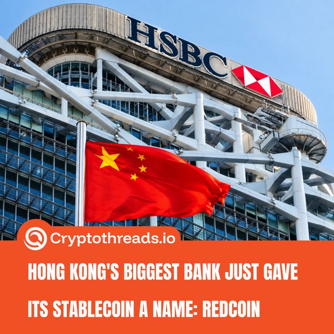 The HSBC building with a Chinese flag waving in front, with text reading "HONG KONG'S BIGGEST BANK JUST GAVE ITS STABLECOIN A NAME: REDCOIN" from Cryptothreads.io.