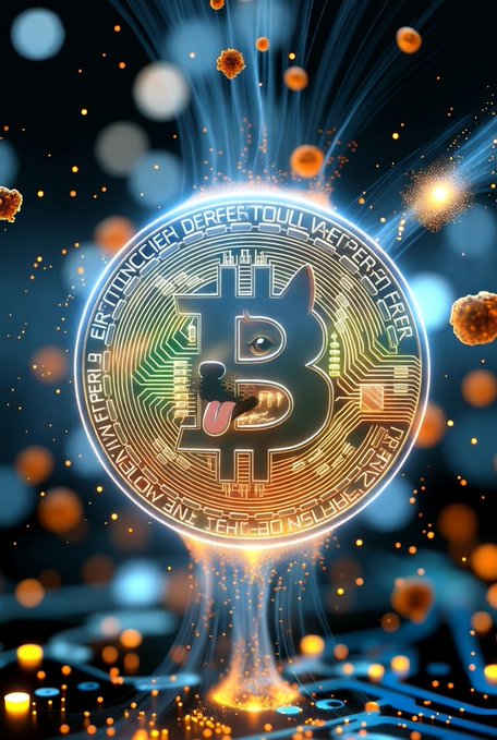 The image features a Bitcoin symbol, which is a black dog with its tongue out, surrounded by orange sparks that resemble fireflies or neon lights. The Bitcoin symbol is located at the center of the image, while the surrounding elements are scattered around it in various sizes and positions. The background appears to be a dark blue color, providing a stark contrast to the vibrant colors of the Bitcoin symbol and its surroundings. The post caption reads "Dogecoin $DOGE", which is likely related to the Bitcoin symbol or cryptocurrency theme of the image.