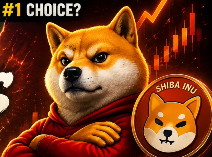A promotional image for Shiba Inu crypto featuring an anthropomorphic Shiba dog in a red hoodie, with the text '#1 CHOICE?' and 'SHIBA INU' on a coin badge.