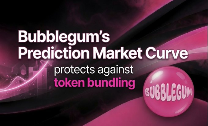 A promotional banner for 'Bubblegum's Prediction Market Curve' stating it 'protects against token bundling' with the Bubblegum logo on a pink bubblegum graphic.