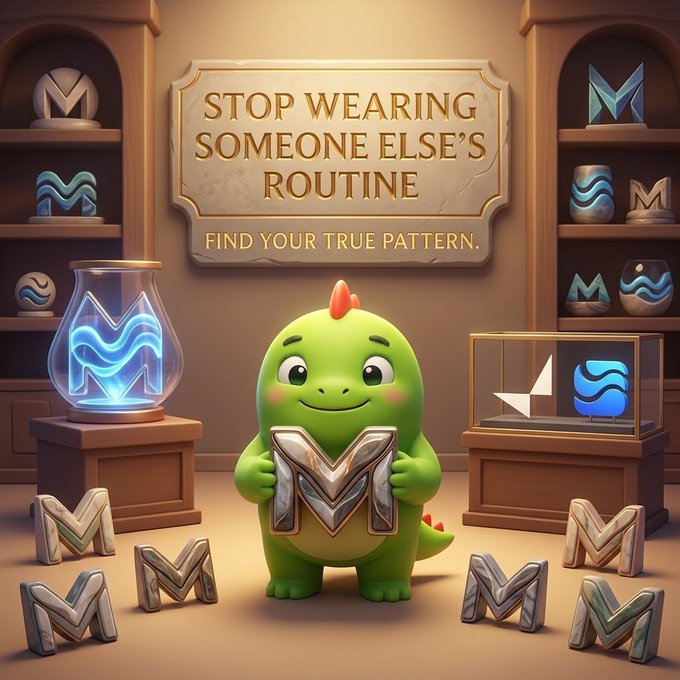 A 3D animated scene features a cute green dinosaur mascot holding a metallic 'M' logo, with a sign reading 'STOP WEARING SOMEONE ELSE'S ROUTINE - FIND YOUR TRUE PATTERN' surrounded by shelves of 'M' themed objects.
