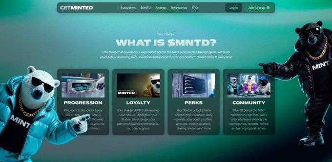A landing page for GETMINTED describing "What is $MNTD?" with sections for Progression, Loyalty, Perks, and Community, featuring two cartoon bear mascots in sunglasses and gold chains wearing MINT branded jackets.