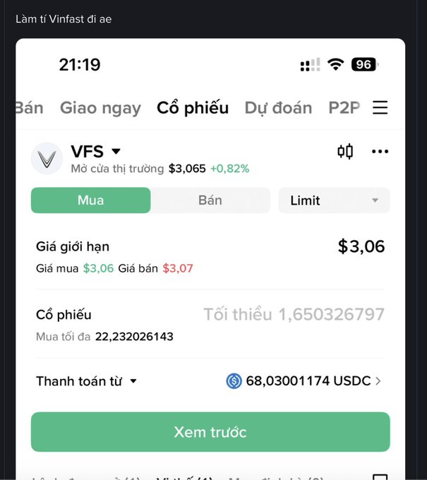 A smartphone screenshot showing a Vietnamese stock trading app displaying order details for ticker 'VFS' (VinFast) at $3,065, showing buy/sell prices, order type 'Limit', payment of 68.03001174 USDC, with time 21:19.