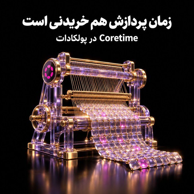 An ornate mechanical device made of clear material and gold accents is displayed against a black background. Persian text above it reads 'زمان پردازش هم خریدنی است' and 'Coretime در پولکادات'.