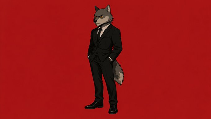 An illustrated anthropomorphic wolf character wearing a fitted black suit, white dress shirt, and black tie, standing with hands in pockets against a solid red background.