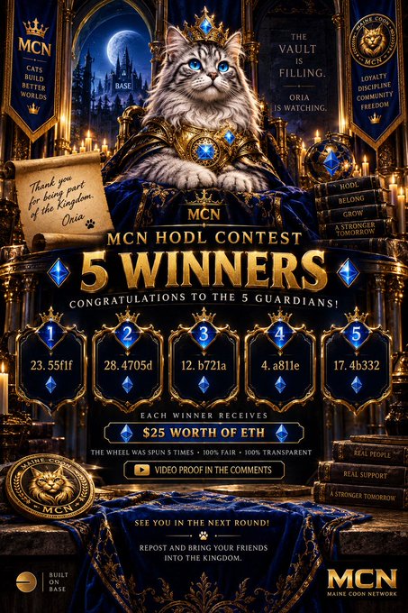 A promotional poster for the 'MCN HODL CONTEST' featuring a regal cat wearing a crown and royal attire, announcing 5 winners with various cryptocurrency amounts (23.55fif, 28.4705d, 12.b721a, 4.a811e, 17.4b332) and noting each winner receives $25 worth of ETH.