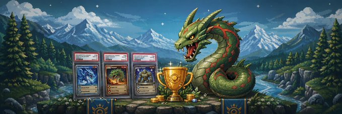 Fantasy artwork featuring a green dragon coiled next to a golden trophy with three Yu-Gi-Oh! style trading cards displayed against a mountain landscape.