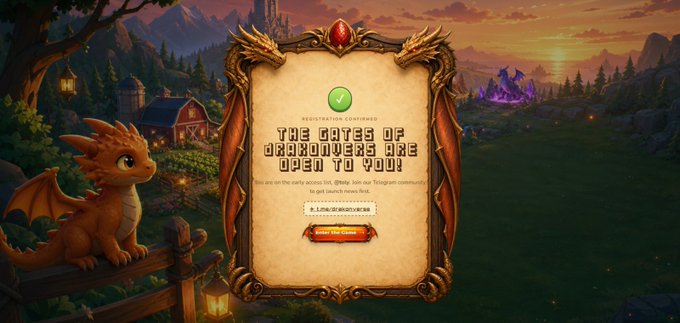 The image displays a fantasy-themed registration completion screen for "Dragonvers" with a baby orange dragon perched on a fence, ornate golden dragon-themed frame, and a sunset landscape featuring a castle in the background.

The text reads "REGISTRATION COMPLETED: THE GATES OF DRAGONVERS ARE OPEN TO YOU!" alongside an email input field, a "Submit Your Email" button, and what appears to be a Solana wallet address entry field, which relates to the post about connecting a Solana wallet for access to the Dragonvers game.