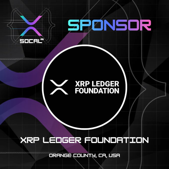 The image features a promotional poster for the XRPLF, which stands for the XRP Ledger Foundation. The poster has a black background with purple and blue elements that create an eye-catching design. The main focus of the poster is a logo in white text that reads "XRPLF" and "XRP Ledger Foundation". Below this logo, there's a description of the foundation written in white text. The poster also includes a link to the XRPLF website for more information about their work and how they support the XRP Ledger ecosystem.