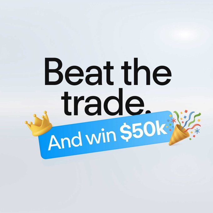 The image features an advertisement with a text that reads "Beat the Trade". Below this, there are two small yellow crowns sitting next to each other, which have been arranged horizontally across the image. Next to these crowns, there is another golden crown and some confetti floating around it. In addition, the text is written in blue and accompanied by a number that appears to be $50K. The image focuses on promoting a competition where users need to outperform Dream Cash's public trade ROI to win a $50,000 stimulus pool.