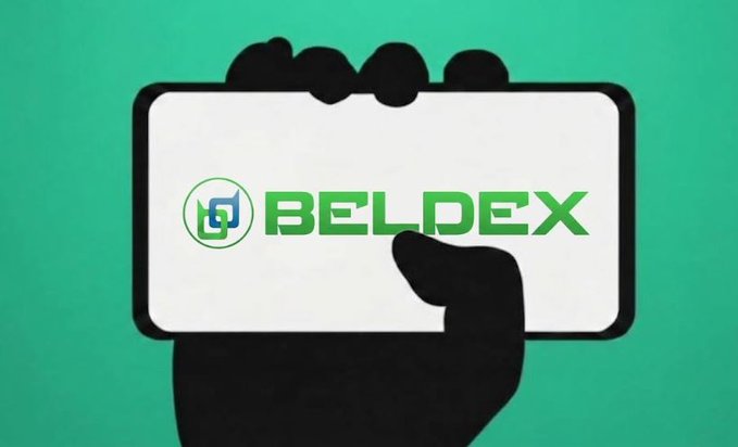 A graphic showing a hand holding a smartphone displaying the BELDEX logo on a green background.