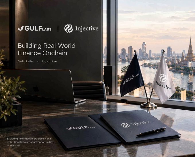 A promotional graphic for 'Gulf Labs × Injective' titled 'Building Real-World Finance Onchain' shows branded folders and flags on a desk overlooking Bangkok's skyline.
