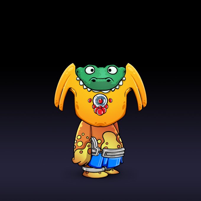 A digital illustration shows a cartoon character with a green crocodile-like head, orange claw-like arms, and a yellow body wearing blue shorts.