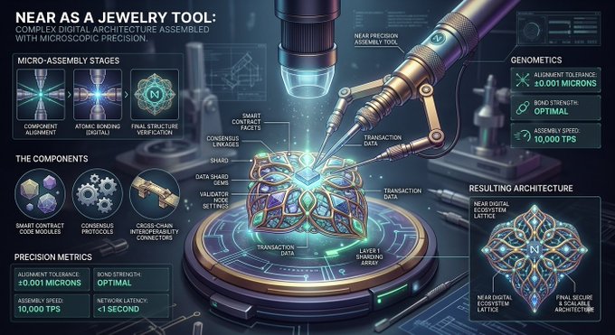 A futuristic technical diagram titled 'NEAR AS A JEWELRY TOOL' illustrates microscopic digital architecture, assembly stages, components, and precision metrics.