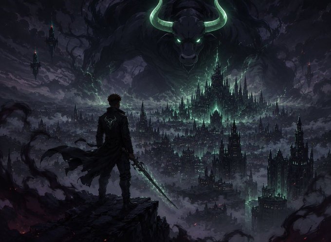 A dark fantasy digital illustration depicts a lone swordsman standing on a rocky cliff overlooking a sprawling gothic city, with a giant shadowy demon with glowing green horns and eyes looming in the sky above.