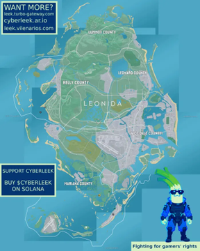 The image depicts a map of Leonida, the fictional setting inspired by Florida from the upcoming GTA 6 game, with a pixelated character in a green cap and suit standing in the bottom right. The map has been modified to display a "Cyberleek" advertisement in the top left corner promoting the token's website, along with text overlays supporting "Cyberleek" and encouraging users to "BUY CYBERLEEK ON SOLANA." This relates to the post's claim that Cyberleek allegedly embedded their Solana token contract address (ApZuxdpzMrbEYTGEzeY9afh5pj9d6qPRJCTgQYiipbKg) into leaked GTA 6 images as part of a promotional scheme following the suspected GTA 6 leak.
