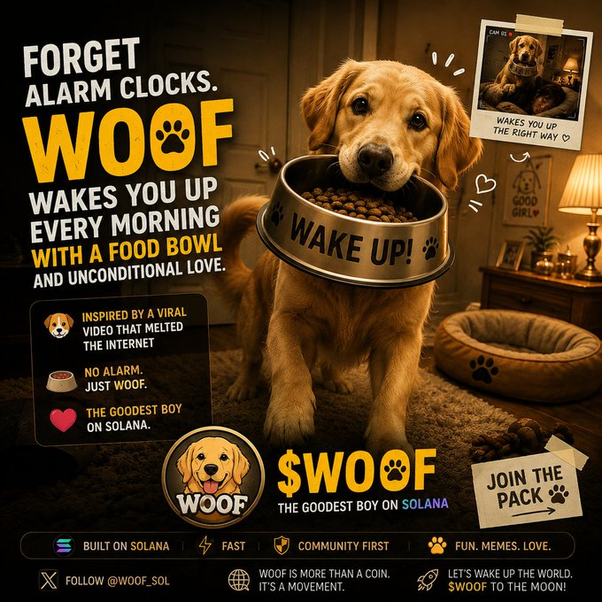 A promotional graphic for the $WOOF memecoin on Solana features a Golden Retriever holding a "WAKE UP!" food bowl around its neck, with text reading "FORGET ALARM CLOCKS. WOOF WAKES YOU UP EVERY MORNING WITH A FOOD BOWL AND UNCONDITIONAL LOVE" and highlighting $WOOF as "The Goodest Boy on Solana," directly reinforcing the post's playful pitch for the CA 8y9RM3vBXjoNa5HnJJ3EErEcikgBJeH5nhZgaxAGpump token.