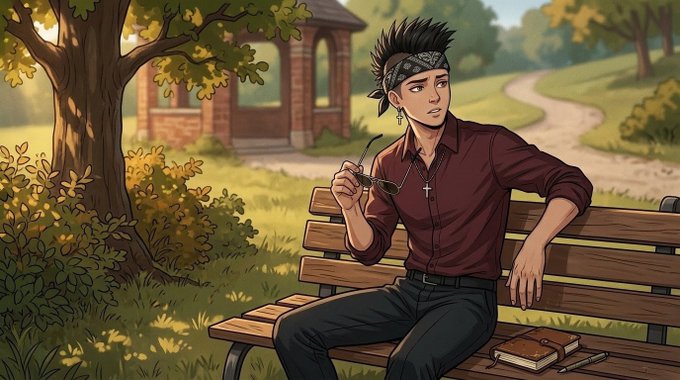 A digital illustration depicts a young man with a black bandana, cross earring, and maroon shirt sitting on a park bench holding sunglasses, with a notebook beside him under a tree.