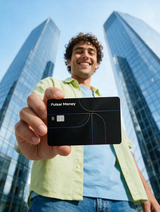 A young man smiling while holding out a black credit card labeled 'Pulsar Money' toward the camera, with modern skyscrapers rising in the background.