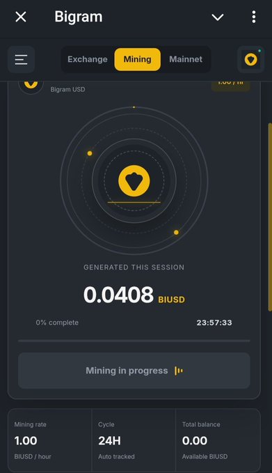 A screenshot of the Bigram app's Mining interface shows 0.0408 BIUSD generated this session at a 1.00 BIUSD/hour rate with 23:57:33 remaining on the cycle. The image directly illustrates the mining feature highlighted in the post promoting Bigram Exchange's all-in-one crypto ecosystem.