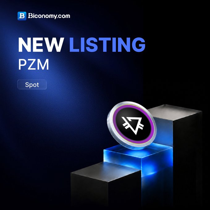 A cryptocurrency announcement from Biconomy.com announcing a "NEW LISTING PZM" with a "Spot" tag and a purple coin logo displayed on illuminated steps.