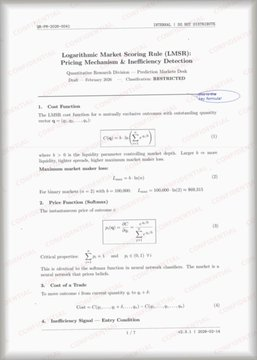 The image shows the first page of a quantitative research paper titled "Logarithmic Market Scoring Rule (LMSR): Pricing Mechanism & Inefficiency Detection" by HSKUCHU from February 2026, detailing the mathematical formulas for cost function, price function, and a cost of trade equation used in prediction markets like Polymarket.