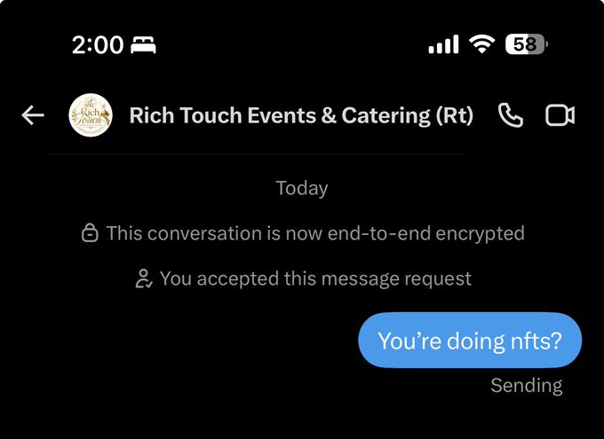 A screenshot of a text message conversation with "Rich Touch Events & Catering (Rt)" at 2:00 with 58% battery, where the sender has typed "You're doing nfts?" and is still sending the message. The "Hmmmmm" caption reflects bewildered skepticism about whether this catering business is venturing into NFTs.