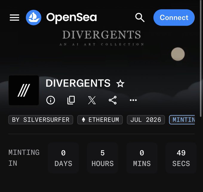 A screenshot of the OpenSea page for the "Divergents" NFT collection by Silversurfer on Ethereum, showing a countdown of 0 days, 5 hours, 0 minutes, and 49 seconds until minting begins. The image aligns with the post's announcement of an imminent free mint with a 10K supply.