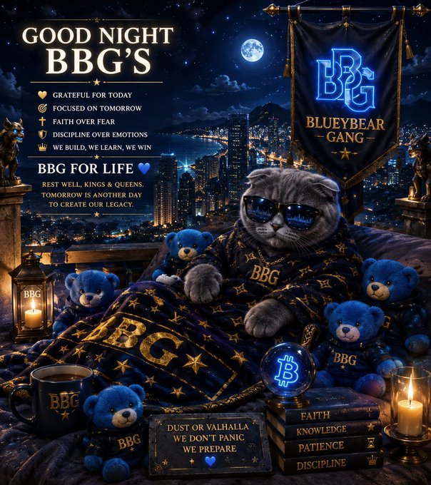 A nighttime graphic reads "GOOD NIGHT BBG'S" with motivational text including "FAITH OVER FEAR" and "BBG FOR LIFE," featuring a cat in sunglasses, blue teddy bears, and a "BLUEBEAR GANG" banner against a cityscape.