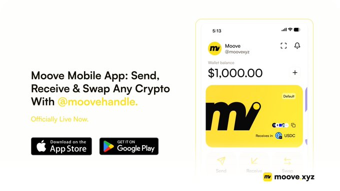 The image shows a phone screen displaying an app called "moove mobile app" that allows users to send money using Bitcoin. The app also has a feature for receiving and swapping any crypto with another user, as well as a link to download the app from the website.