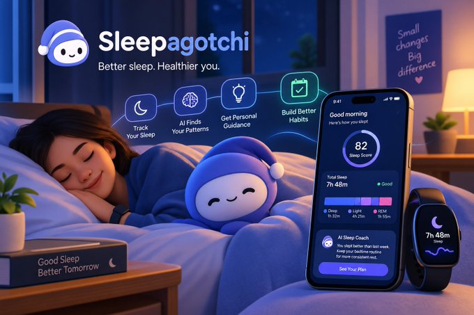 An advertisement for the 'Sleepagotchi' app with the tagline 'Better sleep. Healthier you.', featuring a sleeping woman, a mascot plush, and a phone displaying sleep tracking stats.
