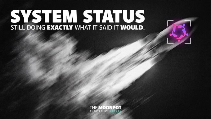 A graphic displays 'SYSTEM STATUS - STILL DOING EXACTLY WHAT IT SAID IT WOULD' alongside a purple gem logo and the text 'THE MOONPOT ADOPTED BY HACKER,' set against a black background with a white smoke or cloud effect.