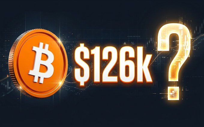 A glowing orange Bitcoin coin sits beside the bold text "$126k" and a large illuminated question mark against a dark, tech-inspired background with subtle chart lines. The image visually poses the central question from the post, asking viewers if they believe Bitcoin will surpass the $126k price target in 2027.