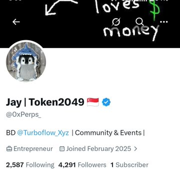 The image shows a Twitter/X profile page for "Jay | Token2049" (@0xPerps) with a new penguin profile picture, featuring a banner that reads "loves money" with a dollar sign, and the profile lists him as BD at @Turboflow_Xyz with 4,291 followers. The new penguin avatar aligns with the post's announcement about changing his profile picture after 1.5 years, marking the start of a fresh era for the Token2049 Singapore attendee.