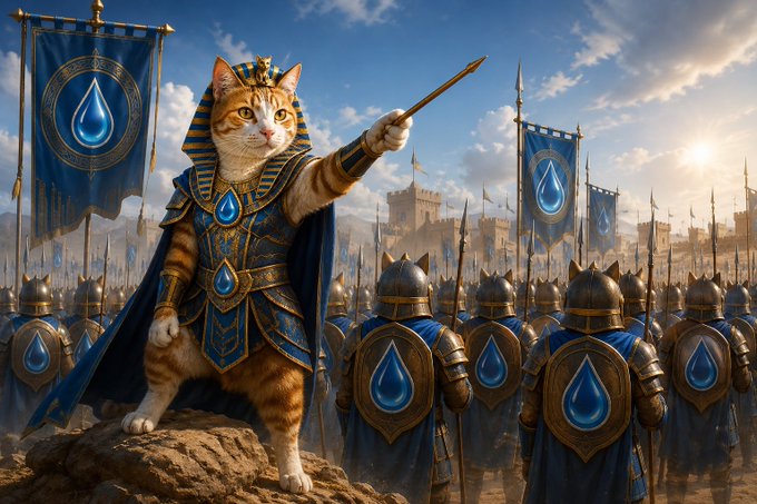The image features a cat dressed as a medieval knight, standing atop a rock with its paw raised high above its head. The cat's costume includes a blue robe adorned with gold accents and a crown made of blue jewels. In the background, there are several blue banners fluttering in the wind, possibly representing the Sui soldiers from the post.