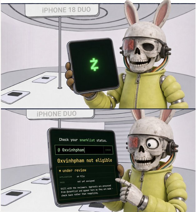 A two-panel meme featuring a skeletal rabbit character holding a phone. The top panel shows an 'IPHONE 18 DUO' with a 'Z' on screen. The bottom panel shows an 'iPHONE DUO' displaying a message: 'Check your snarklist status. @0xvinhpham: 0xvinhpham not eligible, under review.'