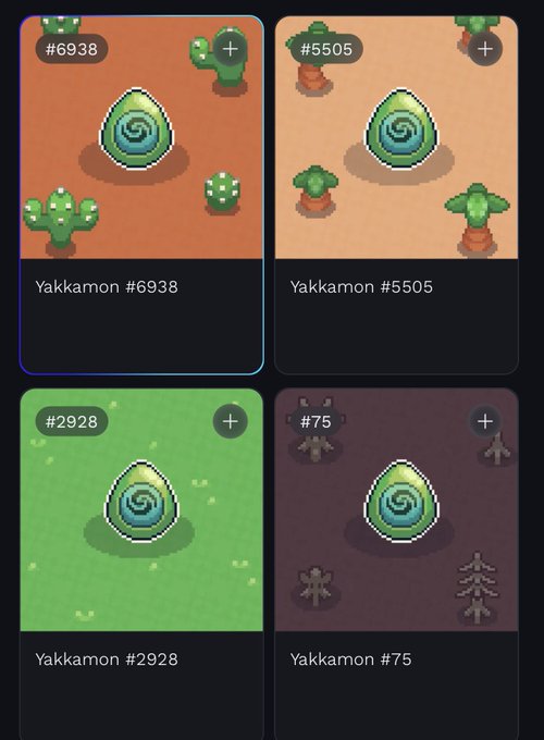 A screenshot displays a digital collectible app interface featuring four NFT cards labeled 'Yakkamon #6938', 'Yakkamon #5505', 'Yakkamon #2928', and 'Yakkamon #75', each showing a swirled egg with cacti or pine trees.