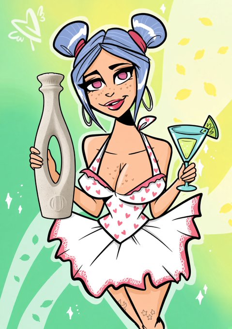 A cartoon-style illustration of a blue-haired female character wearing a white dress with pink heart patterns, holding a cocktail bottle and a martini glass with a lime garnish.