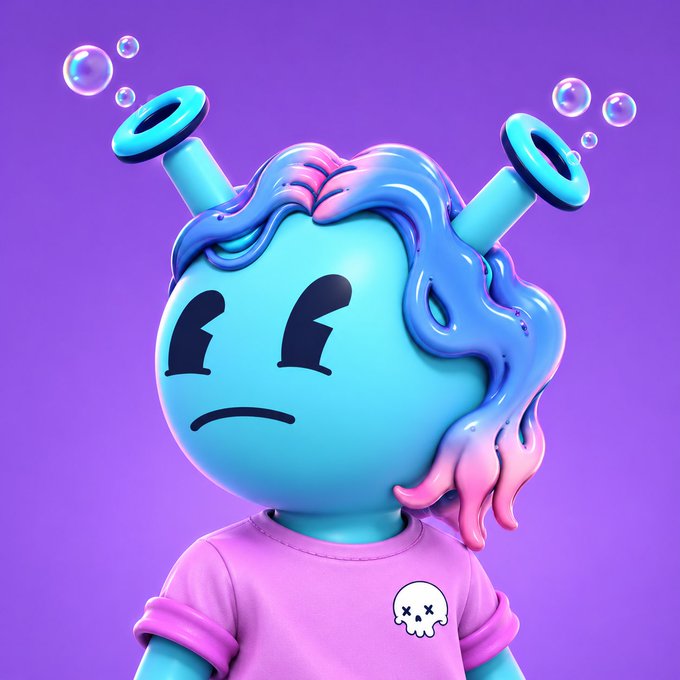 A 3D cartoonish character with a light blue head, pink and blue liquid-like hair, two blue antenna-like protrusions, and a frowning expression, wearing a pink t-shirt with a small skull logo on a purple background.