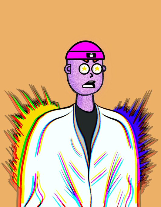 A stylized digital illustration of a figure with purple skin, a pink backwards cap, and star-shaped eyes, wearing a white robe and surrounded by rainbow-colored chaotic brushstrokes against an orange background.