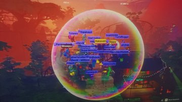 A screenshot of a video game showing a colorful, glitchy bubble containing various usernames floating above a fiery red landscape with trees.