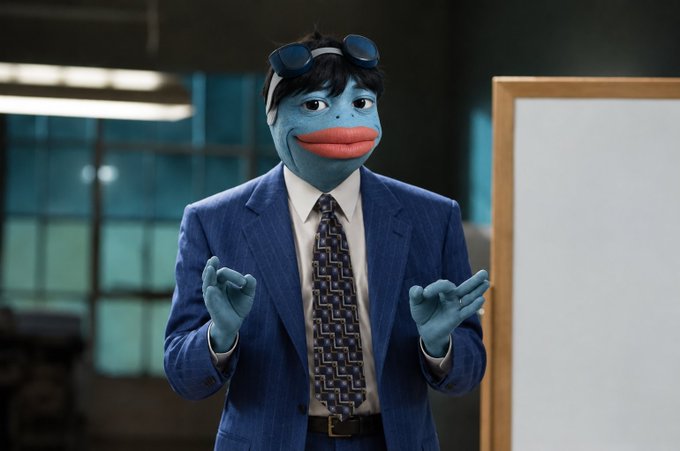 A blue puppet-like character wearing a blue pinstripe suit, patterned tie, and sunglasses on his head stands with hands raised near a whiteboard.