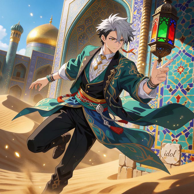 An anime-style illustration of a silver-haired young man in ornate teal and gold Middle Eastern attire running through a desert landscape, with a grand mosque featuring a golden dome in the background and a colorful stained-glass lantern on the right.