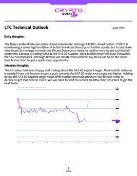 The image presents an email titled "LTC Technical Outlook" from "Crypto Watcher". The content discusses technical aspects of cryptocurrency, including the daily thoughts on the closing price of Litecoin and Bitcoin. It suggests that there has been a decline in the Bitcoin closing price, while the closing price of Litecoin has increased, indicating an opportunity to invest or analyze the situation further.